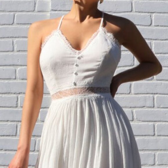 White Boho Chic Lace Trim Bohemian Maxi Dress - Picture 6 of 8